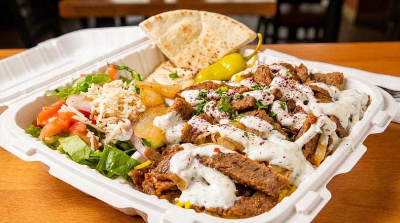 A takeout container filled with gyro meat, rice, salad, pita bread, and a yellow pepper.