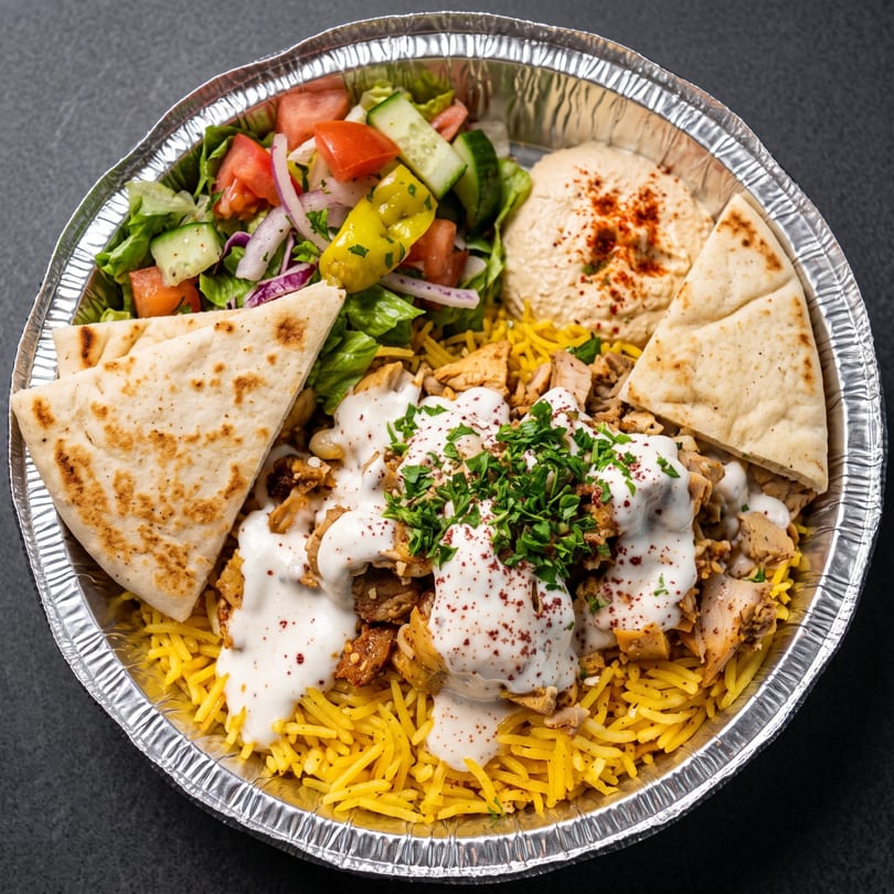 Chicken shawarma platter with rice, salad, hummus, pita bread, and white sauce in a foil container.