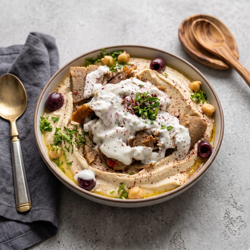 Hummus with shawarma meat, yogurt sauce, chickpeas, olives, and parsley, served with a spoon.