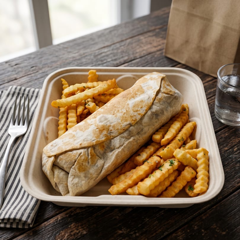 A burrito and crinkle-cut fries in a to-go container on a rustic wooden table.